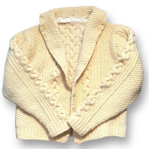 Vintage Hand Knit Cardigan Sweater Cropped Oatmeal Cable Knit Exaggerated Collar - Picture 1 of 8